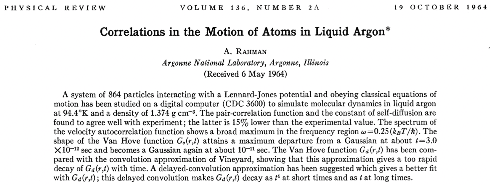 Rahman's simulation of LDFs in argon